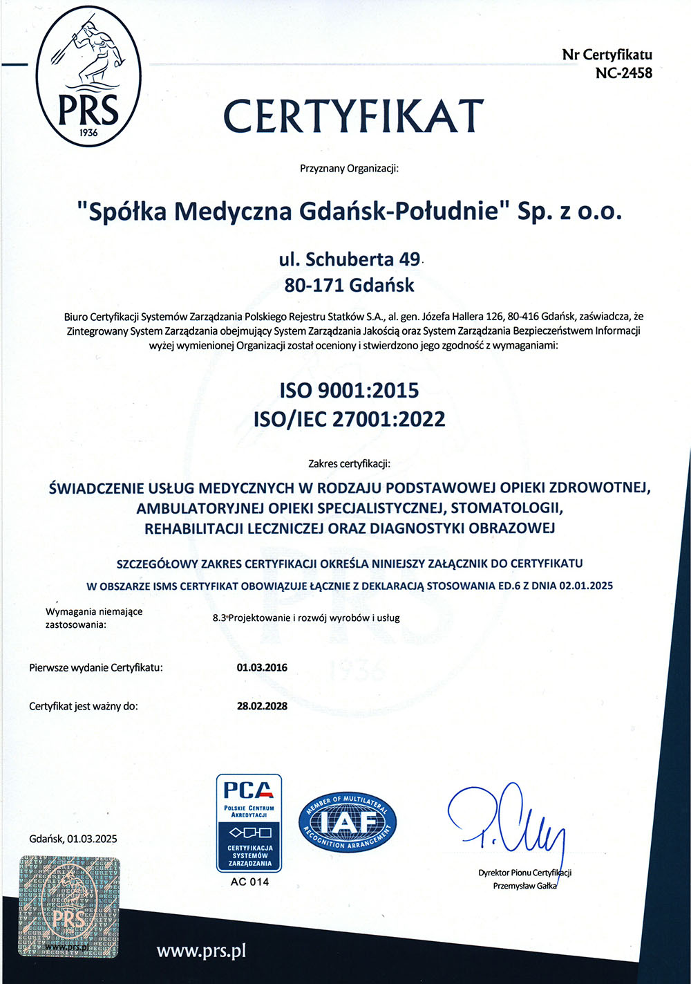 Certyfikaty ISO 9001 i 27001 - Spółka Medyczna Gdańsk Południe